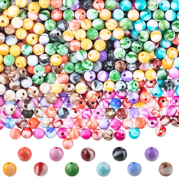 8MM 550PCS 11 Colors Acrylic Round Beads with Holes Opaque Colorful Ink Patterned Smooth Swirls Loose Spacer Charm Bead Bulk