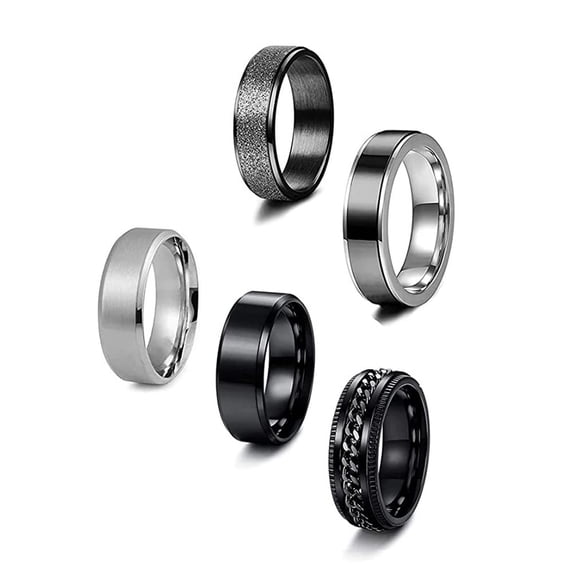 8MM 5pcs Stainless Steel Ring Mens Black Spinner Chain Rings Beveled Edge Wedding Band Plain Ring Set for Men Women Size 7-11