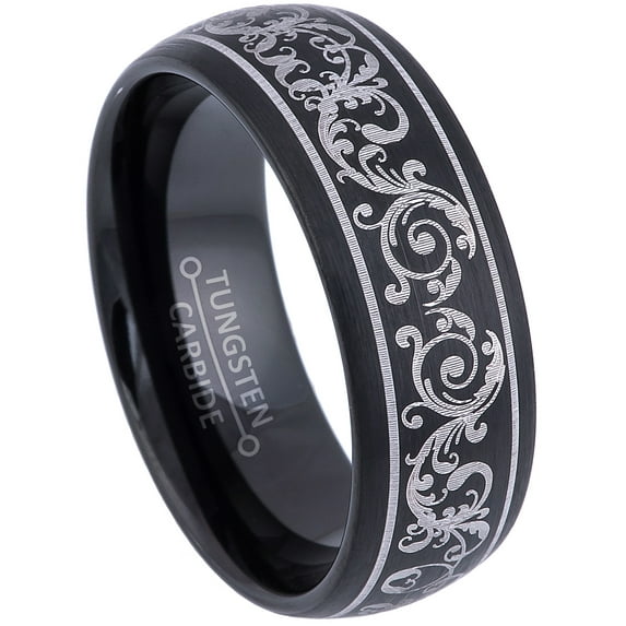 8MM Black Dome Tungsten Ring with Art Nouveau Engraving - Tungsten Carbide Wedding Band - 12.5