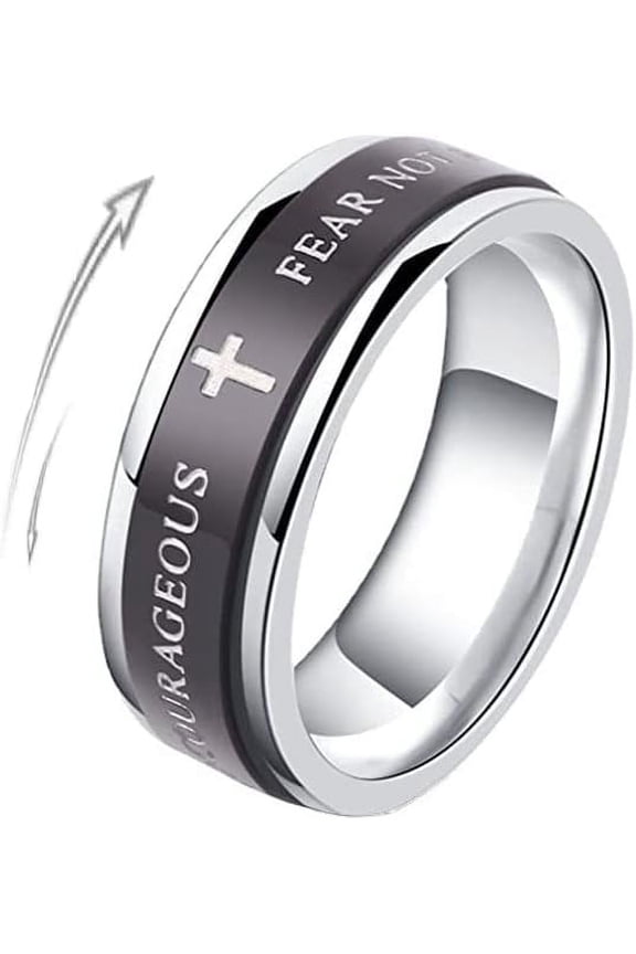 8MM Black Stainless Steel Ring Lord's Prayer Rotatable Wedding Band Spinner Fidget Christian Jesus Bible Cross Rings Anxiety Finger Stress Relief Jewelry Gifts for Men Women Boyfriend Birthday