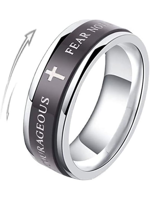 8MM Black Stainless Steel Ring Lord's Prayer Rotatable Wedding Band Spinner Fidget Christian Jesus Bible Cross Rings Anxiety Finger Stress Relief Jewelry Gifts for Men Women Boyfriend Birthday