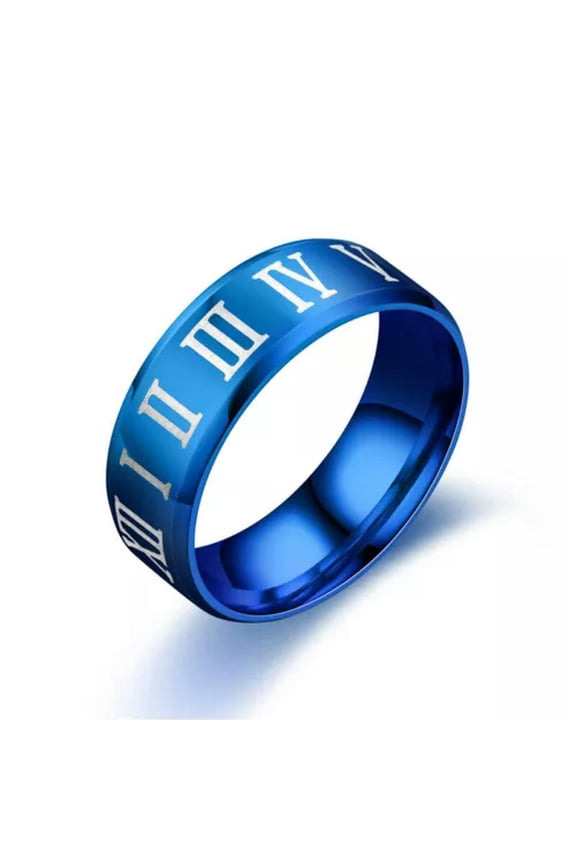 8MM Blue/Black/Gold/Silver Band Men Titanium Steel Roman Numerals Ring Size 6-12