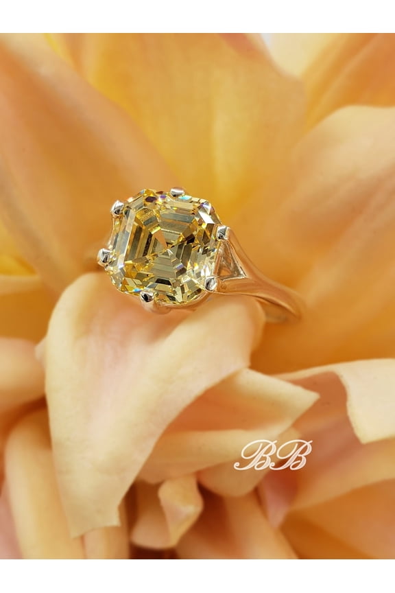 8MM Canary Yellow Cubic Zirconia Asscher Cut 5A Quality Cubic Zirconia Solitaire Engagement Wedding Anniversary Ring