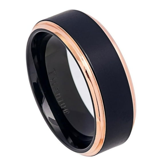 8MM Comfort Fit Titanium Wedding Band Black Brushed Rose Tone Step Edge Titanium Ring (Size 7 to 15)