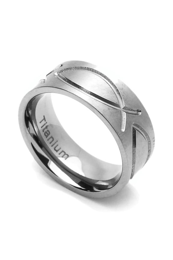 8MM Comfort Fit Titanium Wedding Band Christian Fish Engraved Flat Ring ( Size 6 to 14)