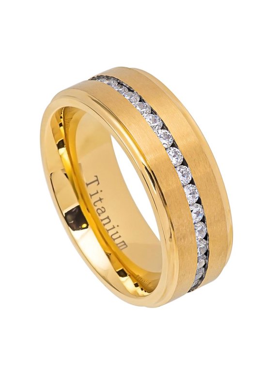 8MM Comfort Fit Titanium Wedding Band Gold Tone Brushed Center Shiny Edge CZ Eternity Ring (Size 7 to 15)