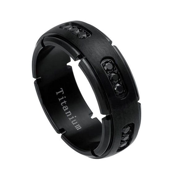 8MM Comfort Fit Titanium Wedding Band Matte Finish Black CZ Titanium Ring (Size 6 to 15)