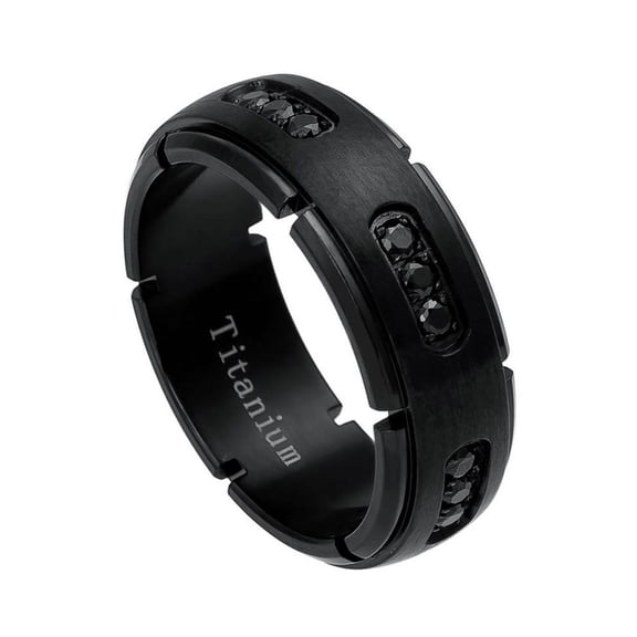 8MM Comfort Fit Titanium Wedding Band Matte Finish Black CZ Titanium Ring (Size 6 to 15)