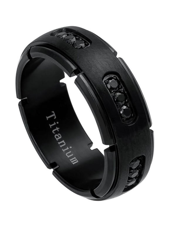 8MM Comfort Fit Titanium Wedding Band Matte Finish Black CZ Titanium Ring (Size 6 to 15)
