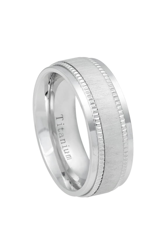 8MM Comfort Fit Titanium Wedding Band White Satin Finish Center Milgrain Step Edge Ring (Size 6 to 13)