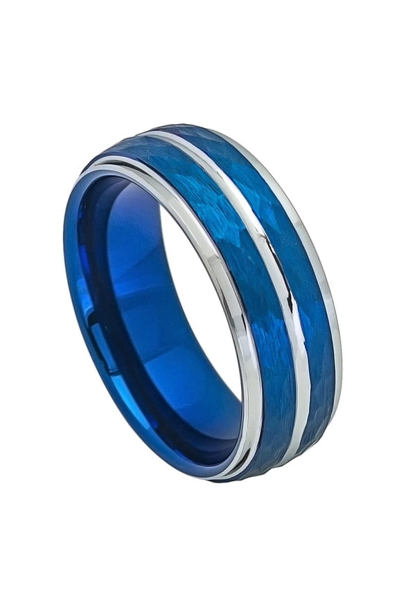 8MM Comfort Fit Tungsten Carbide Wedding Band Beveled Edge Hammered Blue Tone Ring (7 to 12)