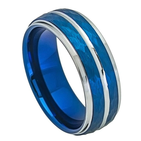 8MM Comfort Fit Tungsten Carbide Wedding Band Beveled Edge Hammered Blue Tone Ring (7 to 12)