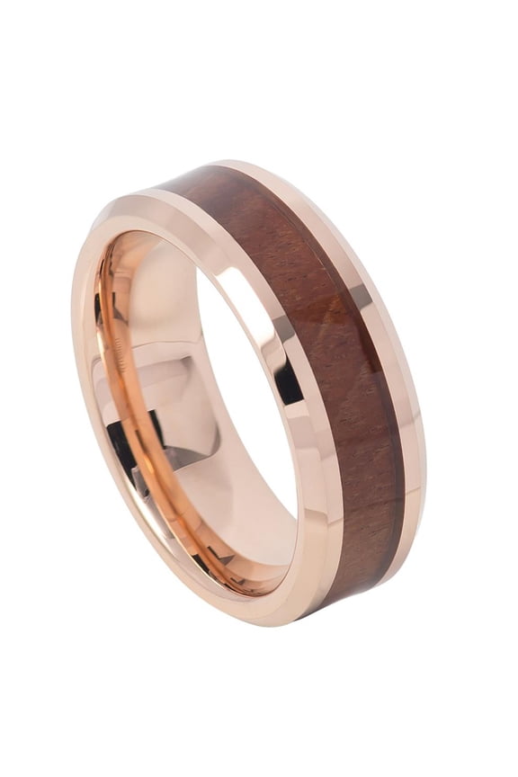 8MM Comfort Fit Tungsten Carbide Wedding Band Beveled Edge Hawaiian Koa Wood Inlay Ring (7 to 12)