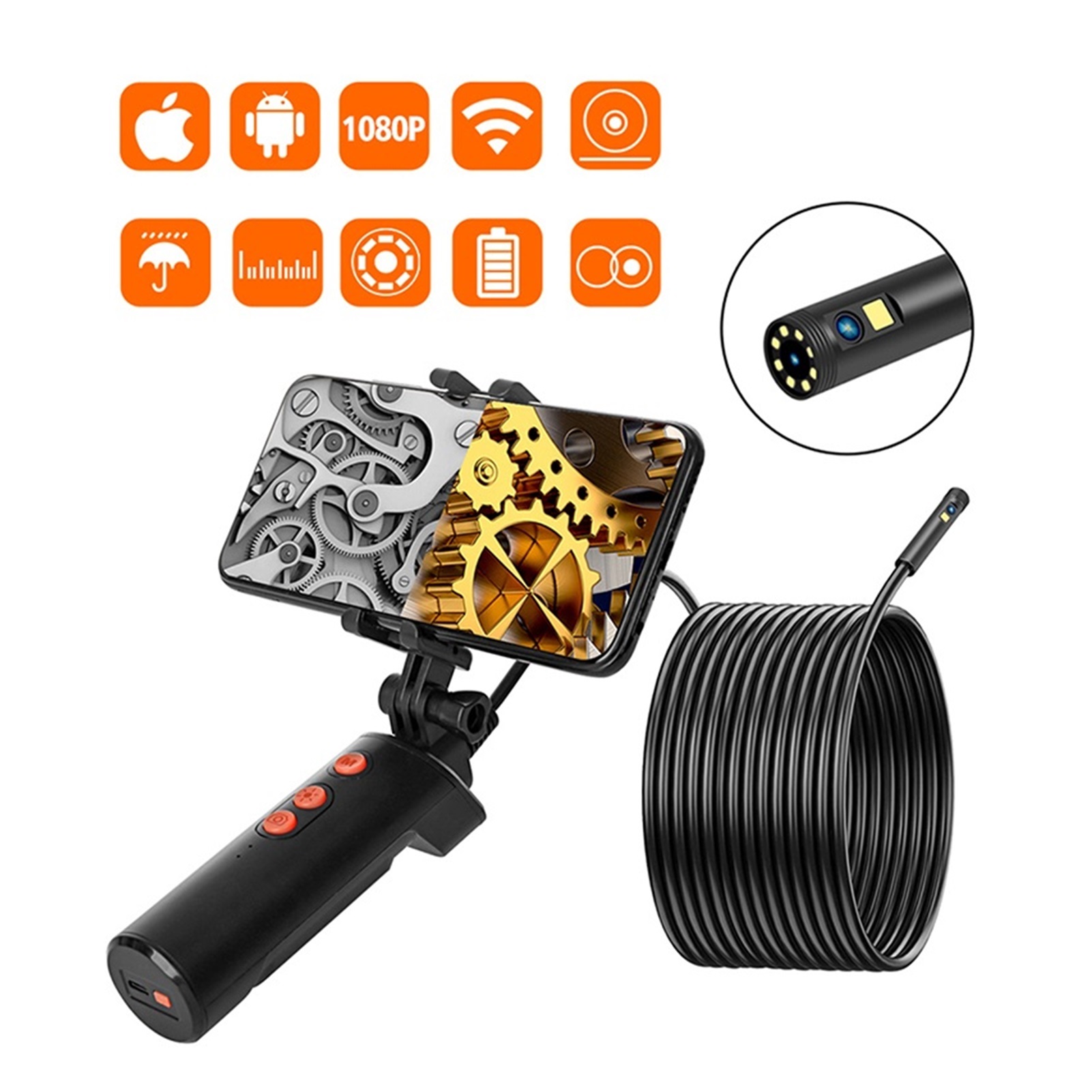 8MM Dual Lens Handheld Wifi Endoscope Camera IP68 Waterproof WiFi Borescope Inspection 2.0 MP HD Snake Camera ,Various Applicable