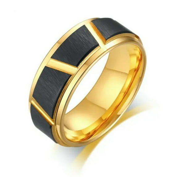 8MM Gold Plated Tungsten Carbide Wedding Band Men's Black Brushed Ring Size 7-12
