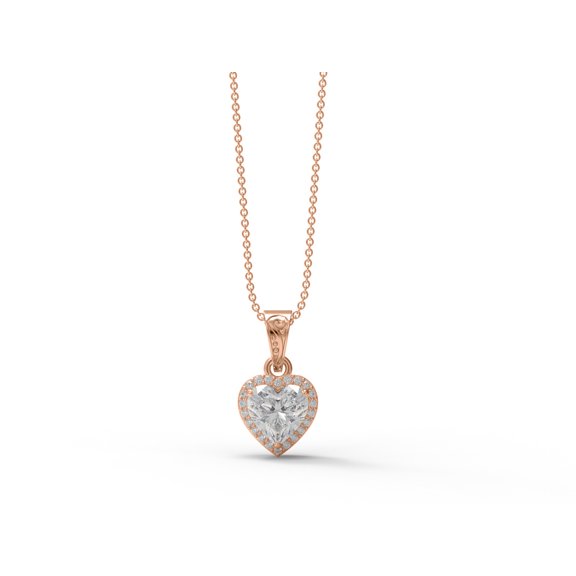 8MM Heart Shape Moissanite Diamond 925 Sterling Silver Solitaire Halo Love Valentines Day Gifts Pendant Necklace, Rose Vermeil