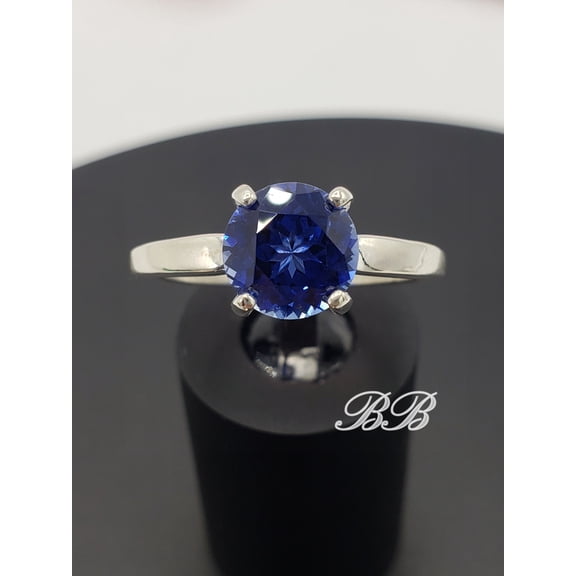 8MM Lab-Created Dark Blue or Ceylon Blue Sapphire Round Natural Cut, 4-Prong Solitaire Ring, Sterling Silver