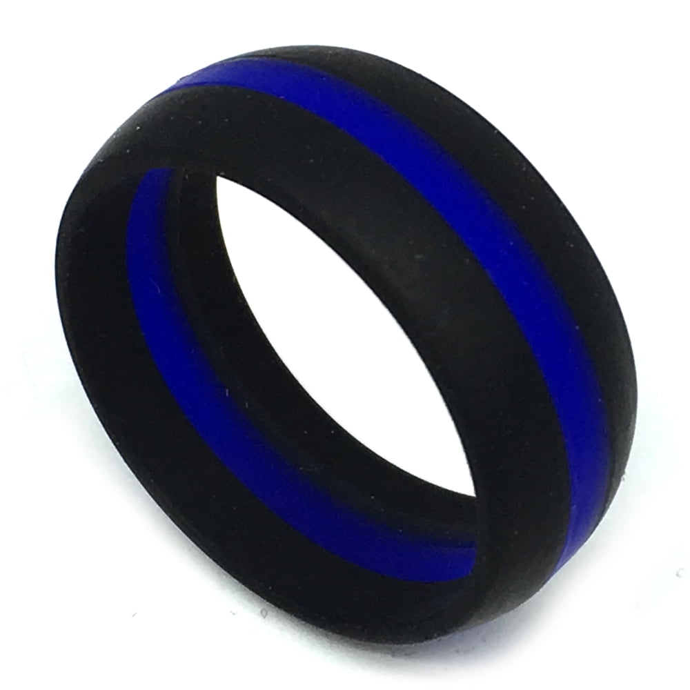 8MM Men or Ladies Athlete Sports Flexible Black with BLUE Stripe Silicon Rubber Wedding Band