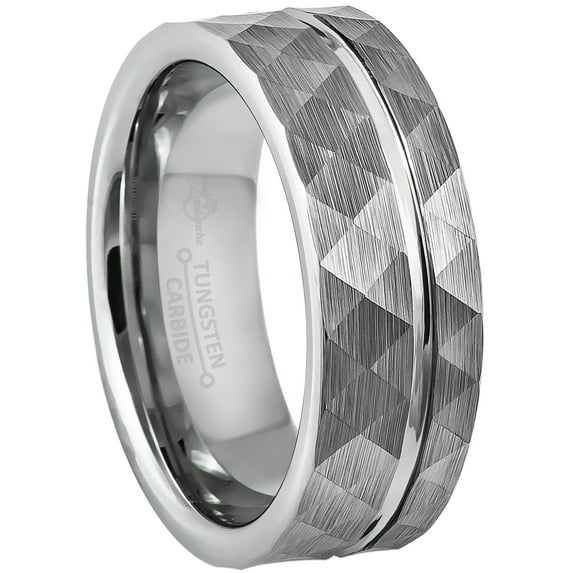 8MM Men's Tungsten Ring Hammered Finish Pipe Cut Faceted Tungsten Carbide Wedding Band Anniversary Ring Engagement Band - #856s11