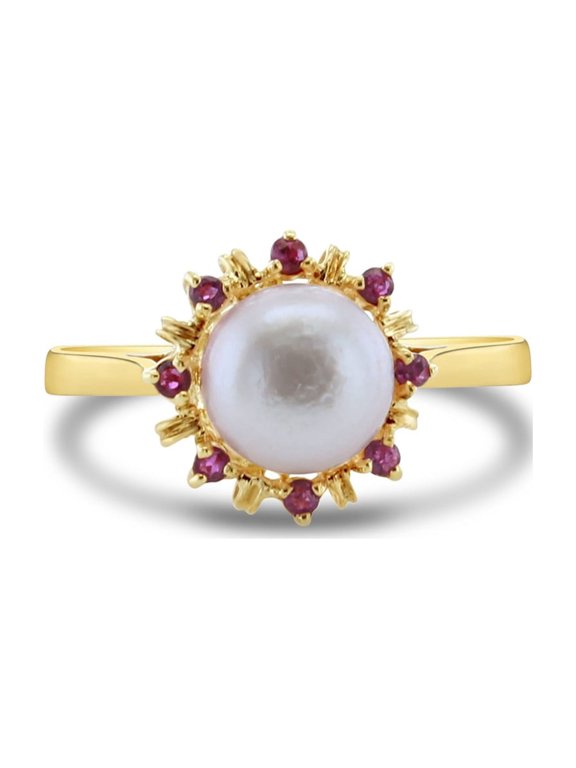 8MM Pearl Ring with Ruby Halo 14k Yellow Gold - Size 5