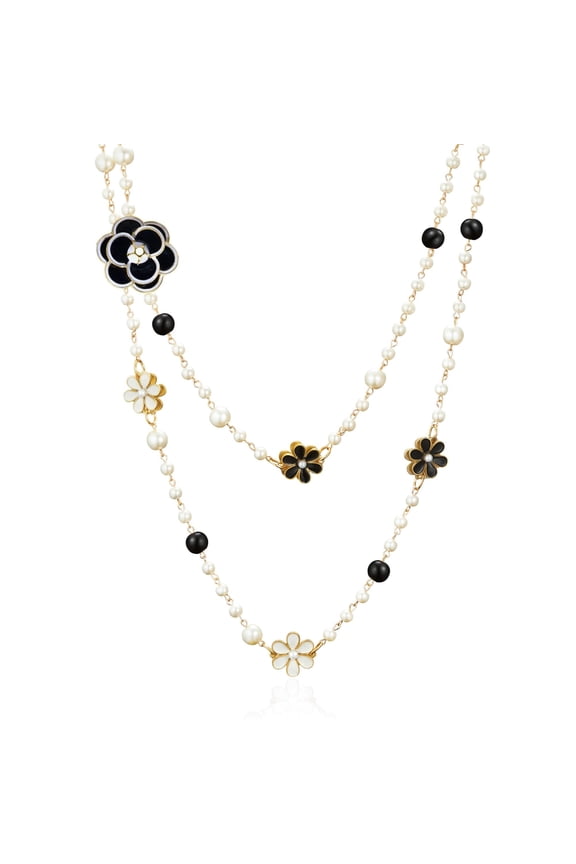 8MM Round Simulated Shell Pearl Strand Layered Necklace for Women, Dainty Multiple Strands Long Necklace for Party, Vintage Costume Jewelry-Black