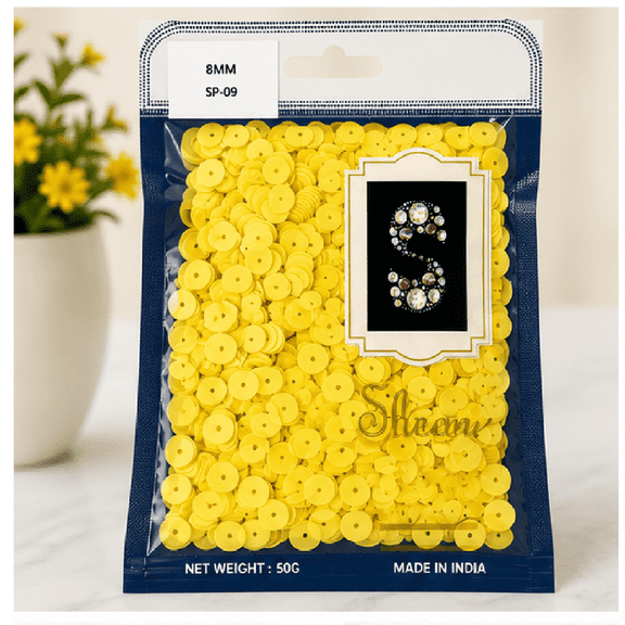 8MM Round Yellow Flat Loose Sequins with Center Hole 50g Pack
