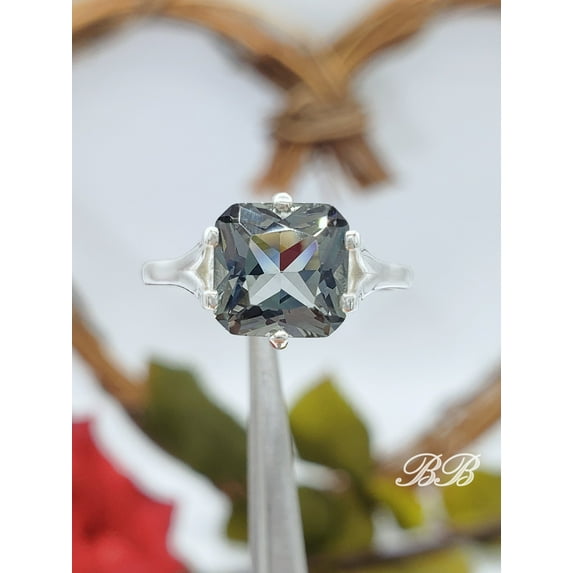 8MM Square Radiant Cut, Lab Simulated Gray Spinel, 6-Prong Solitaire Ring, Sterling Silver