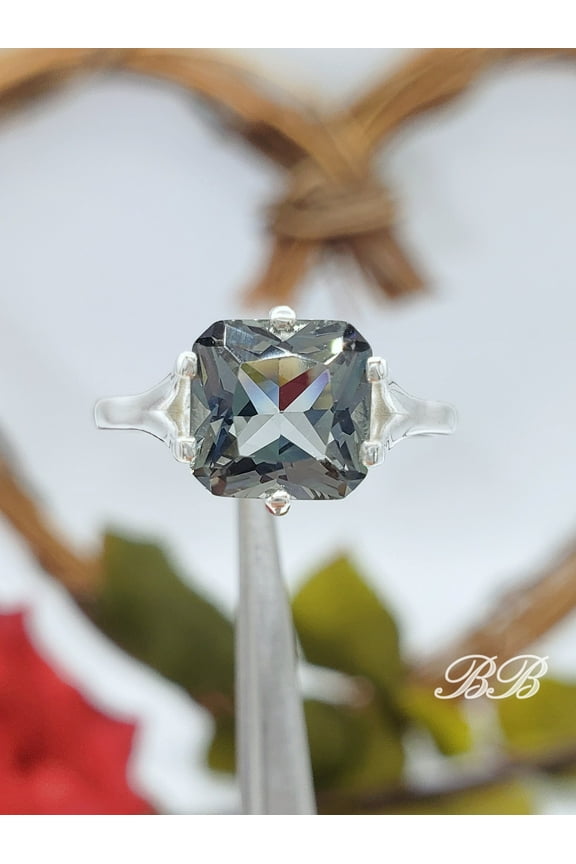 8MM Square Radiant Cut, Lab Simulated Gray Spinel, 6-Prong Solitaire Ring, Sterling Silver