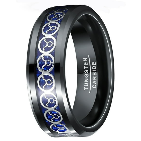 8MM Tungsten Rings for Unisex Silver Taurus Pettern and Blue Carbon Fiber Inlay Black Tungsten Engagement Wedding Band Polished Beveled Edges Size 7-12