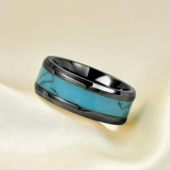 8MM Turquoise Titanium Steel Silver Gold Black Band Male Fashion Ring Size 5-14