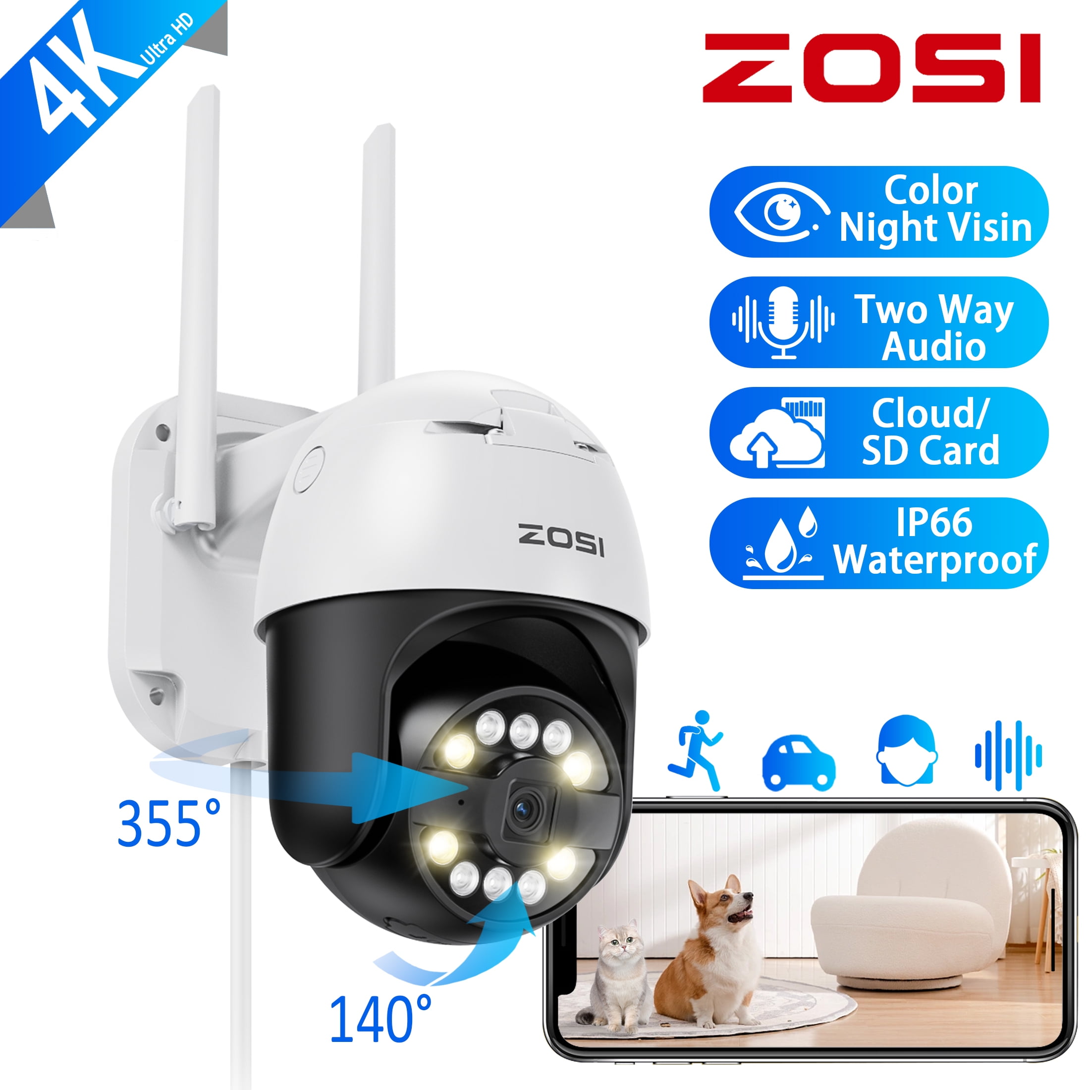 8MP Security Camera, ZOSI 4K 360°View PTZ WiFi Camera with AI Smart ...