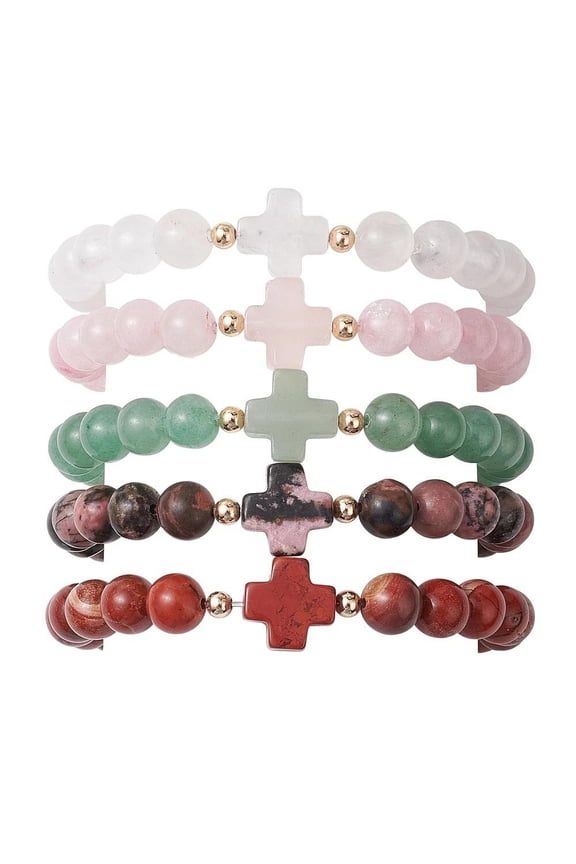 8Mm Stretchy Stone Bracelets Assorted Cross Gemstone Beads Healing Reiki T61