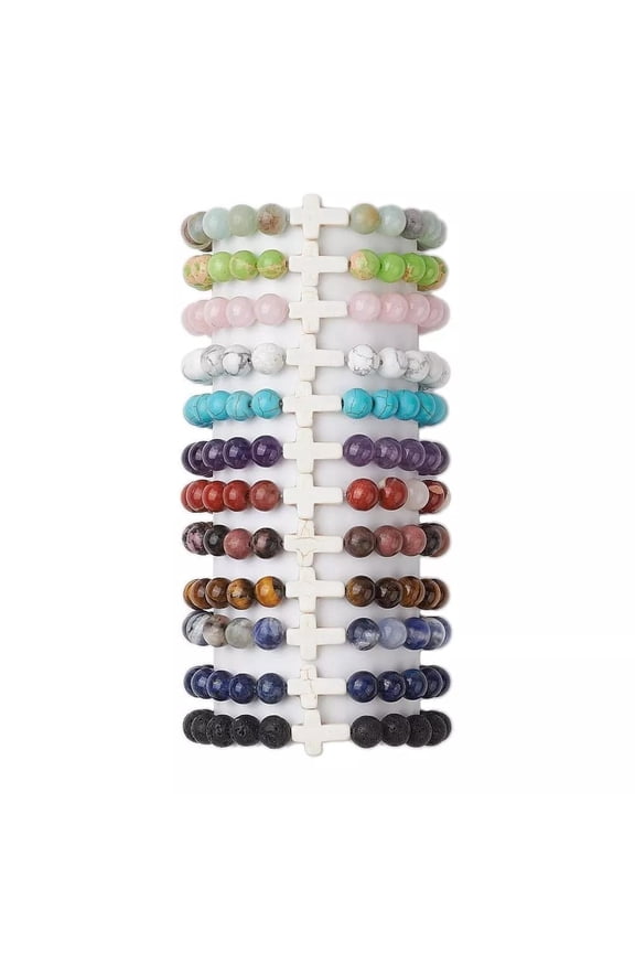 8mm Stretchy Stone Bracelets Assorted Cross Red Jasper Gemstone Beads Healing Reiki T64