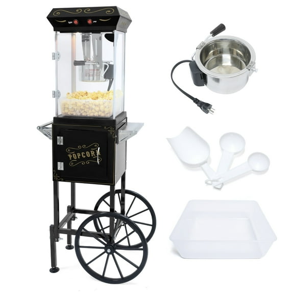8OZ Popcorn Machine with Cart, Holaki Vintage Popcorn Maker Machine with Stainless Steel Oil Kettle & 3 Popcorn Cups, Popcorn Machine for Commercial Home Movie Theater, Black