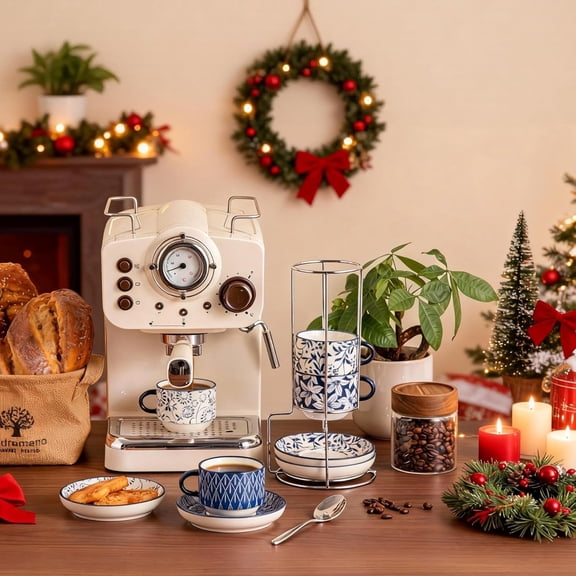 8OZ Stackable Cappuccino Cups, Porcelain Espresso Cups with Saucers and Metal Stand Set of 4, Classic Printed Tea Cup Set for Coffee Drinks, Latte, Series SELENE (Vintage Blue, 8 Ounce)