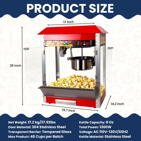 8Oz Popcorn Popper, Full Insulation Cabinet Maker, Countertop Popcorn Machine for Game Arcade
