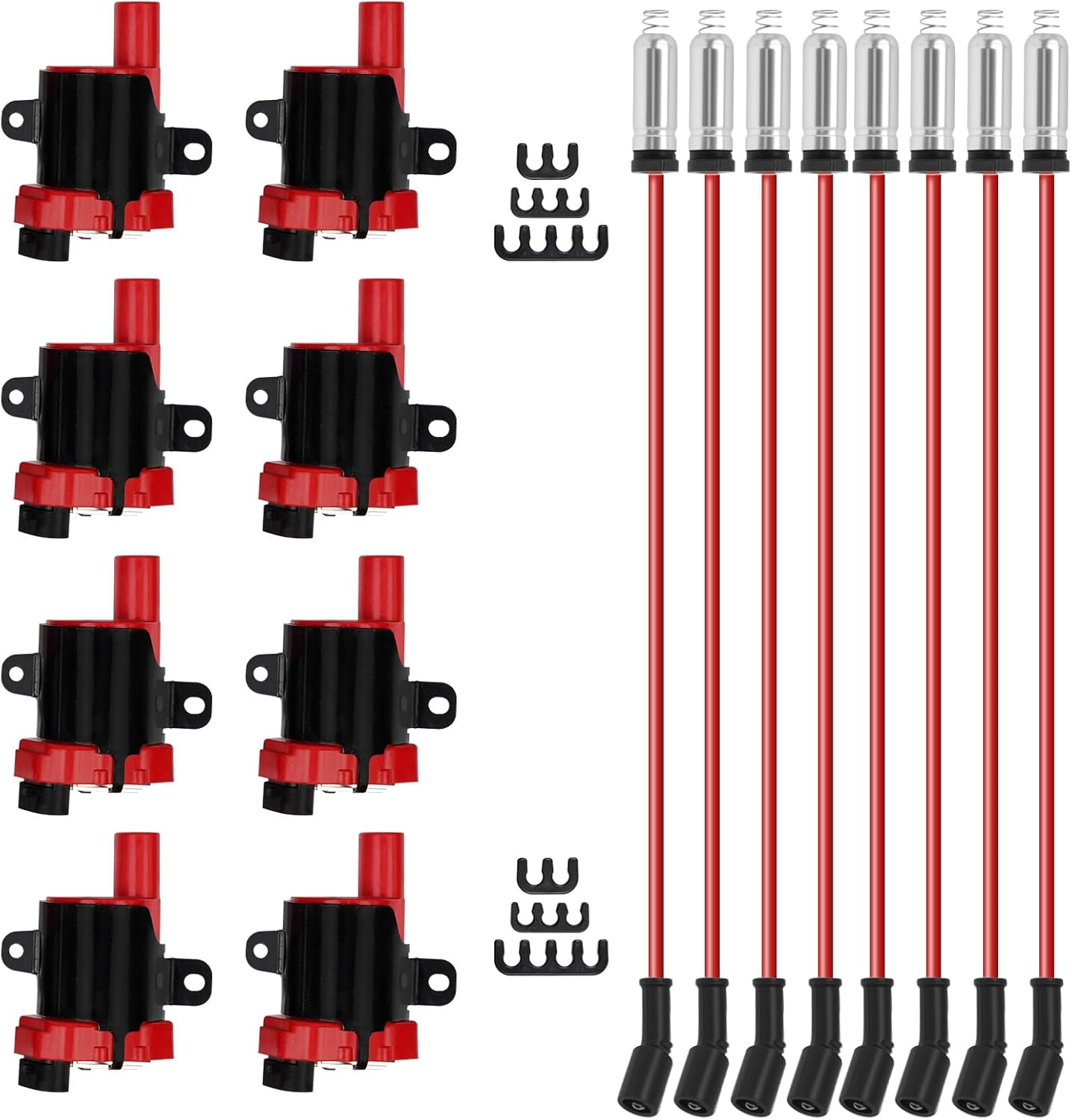 8P Round Ignition Coils Kit With 748UU 8mm Spark Plug Wires Compatible With Chevy Silverado Cadillac Suburba Tahoe GMC 4.8 5.3 6.0L Replace D585 UF262 C1251 12622553 748GG 748UU 748GG