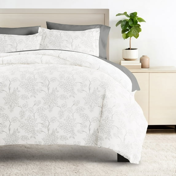 8PC Bedding Bundle - Patterned Duvet Cover Set White Comforter and Solid Sheet Set in Vines