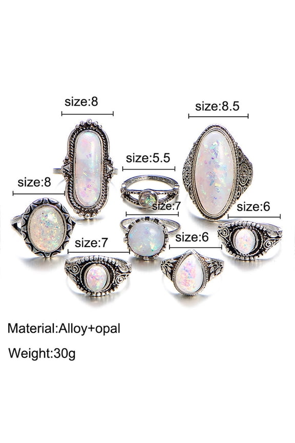 8PC Boho Silver Natural Gemstone Marquise Moonstone Rings, Alloy Personalized Jewelry Set for Women