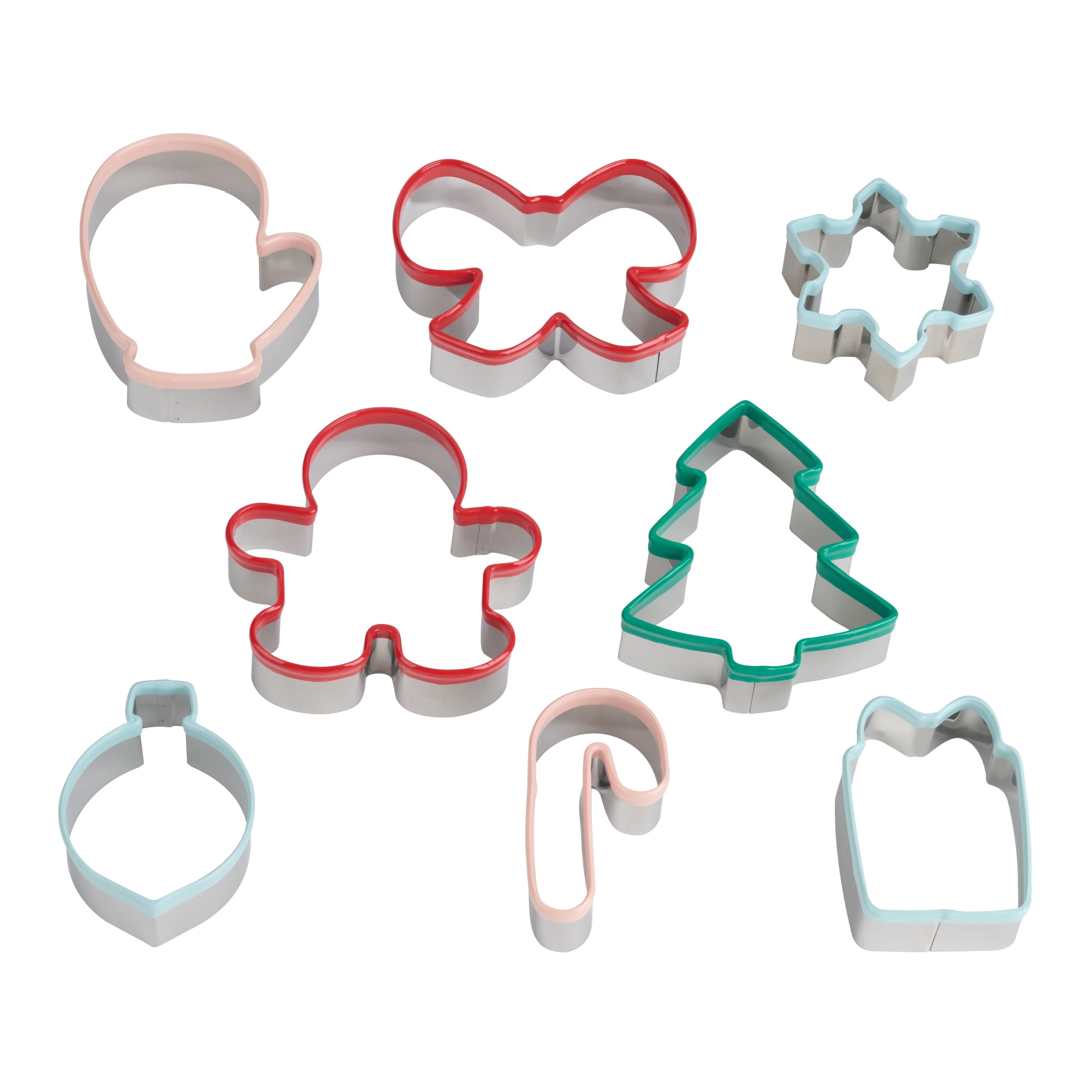 Holiday Time 8-Piece Stainless Cookie Cutters. Red, Green, Pink and Blue