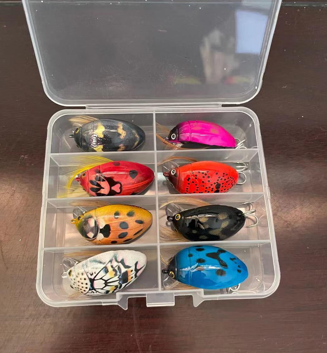 8PC Fishing Lures Jigs 4g Floating Water Small Minnow Fat Bionic Beetle Blood Slot Hook Plastic Fake Fish Bait Set