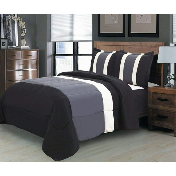 8PC Full Gray Striped Comforter Set with Sheet Set - Complete Bedding Set