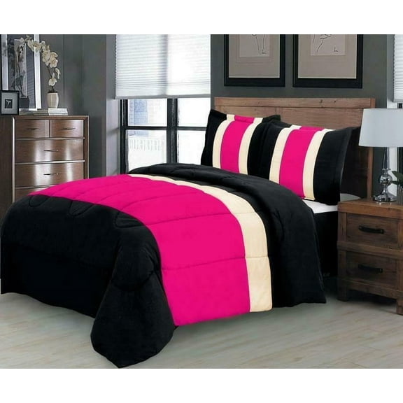 8PC Full Pink Striped Comforter Set with Sheet Set - Complete Bedding Set