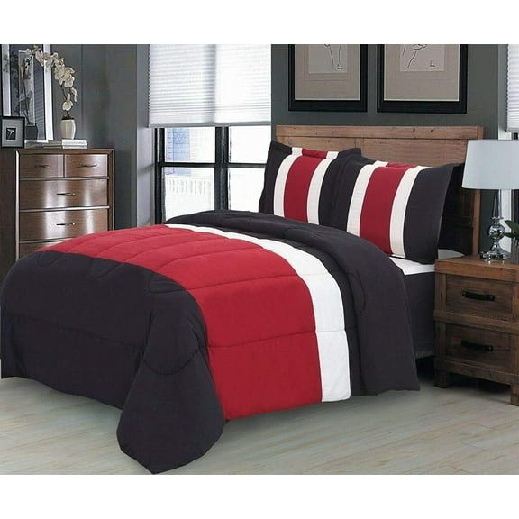 8PC King Red Striped Comforter Set with Sheet Set - Complete Bedding Set