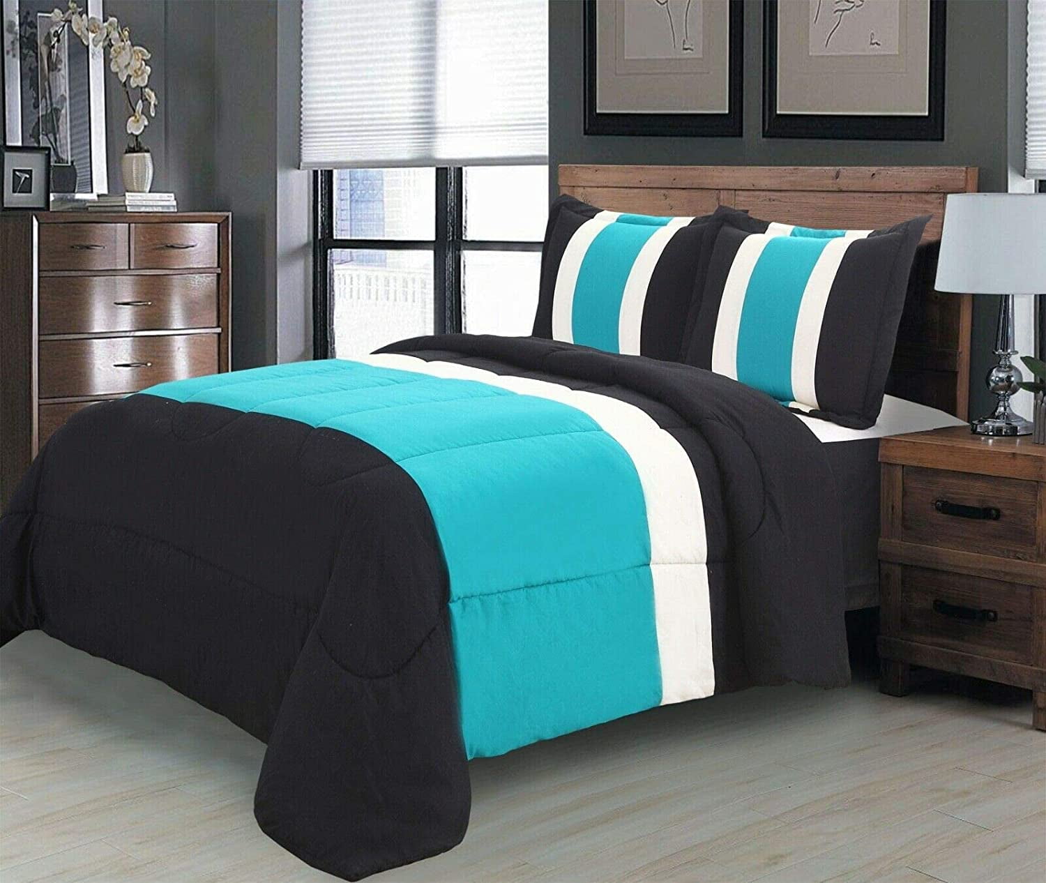 8PC Queen Teal Striped Comforter Set with Sheet Set - Complete Bedding Set