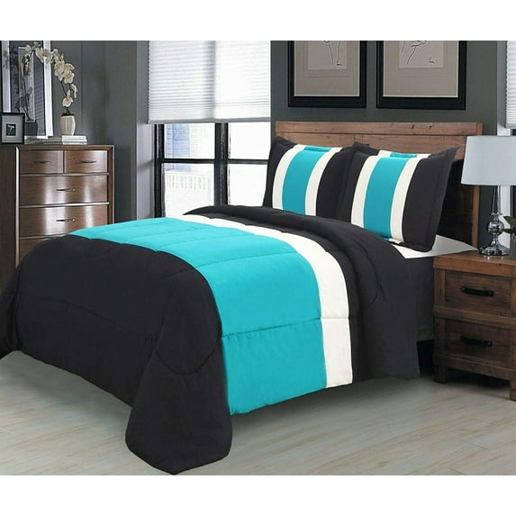 8PC Queen Teal Striped Comforter Set with Sheet Set - Complete Bedding Set