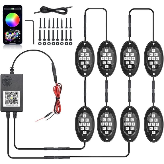 8PC RGB LED Rock Lights Kit - App/Remote Control Underglow Neon Lights for Cars, ATV, RZR, UTV, SUV & Off-Road Vehicles, Music Sync Chasing Mode with Colorful Lighting Effects