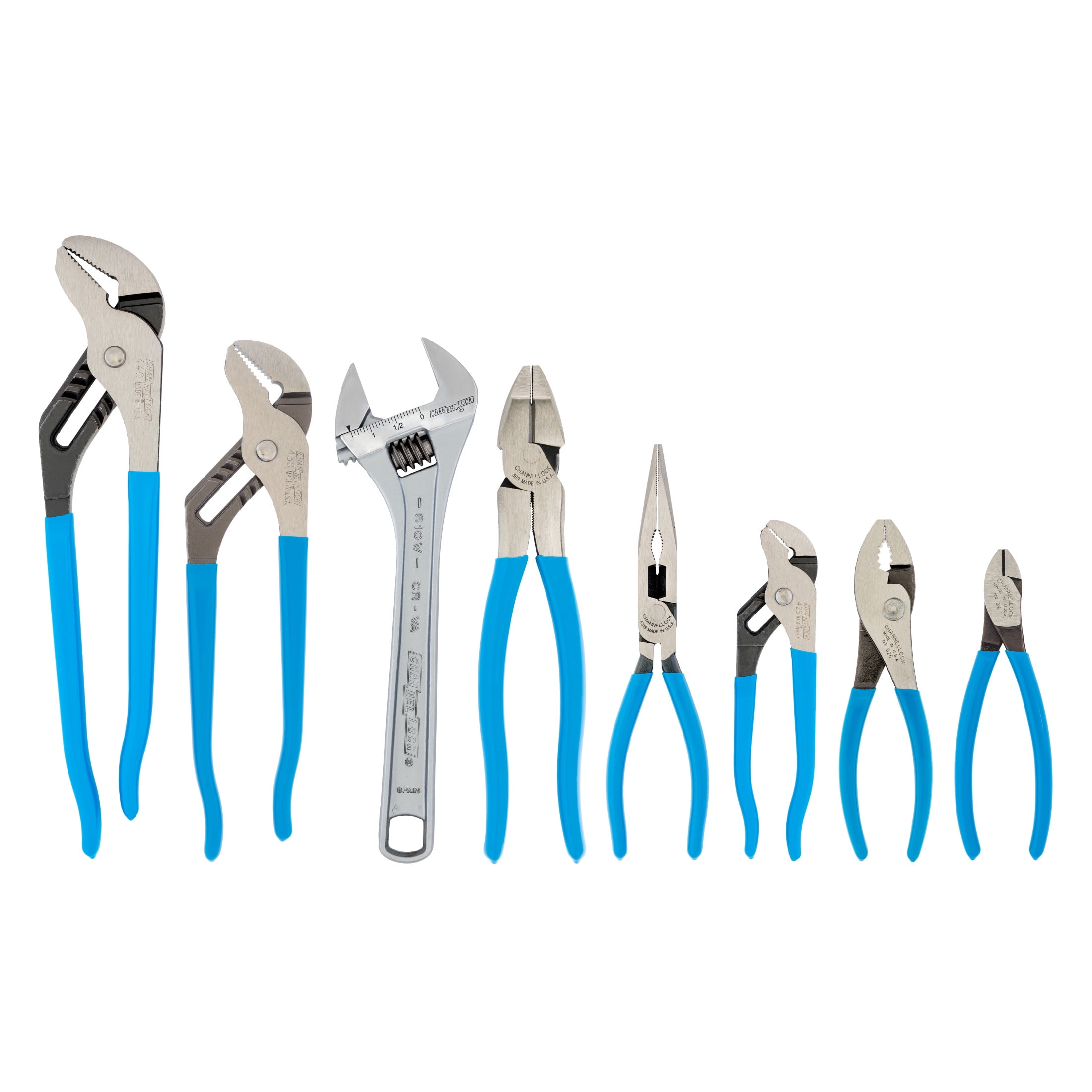 CHANNELLOCK Straight Jaw Pliers and Wrench Set, Includes 3 Straight Jaw Tongue & Groove, 1 Long Nose, 1 Diagonal, 1 HL Lineman's, 1 Slip Joint, 1 Adjustable Wrench