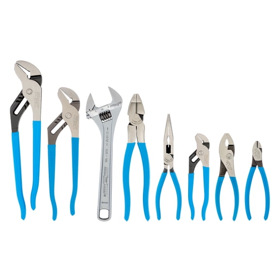 CHANNELLOCK Straight Jaw Pliers and Wrench Set, Includes 3 Straight Jaw Tongue & Groove, 1 Long Nose, 1 Diagonal, 1 HL Lineman's, 1 Slip Joint, 1 Adjustable Wrench