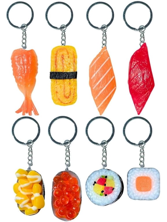 8PC Sushi Keychains Japanese Kawaii Keychain Key Chain Keying Cute Fake Mini Realistic Imitation Food Trinkets Yummy Asian Shrimp Corn Charm Purse Bag Decoration for Lover Accessories Gift Ideas
